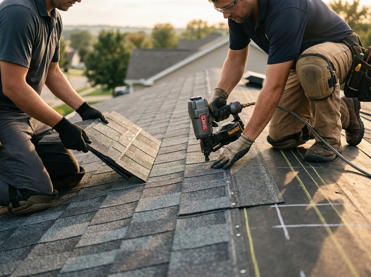 Professional roofer working on a residential roof in Hueytown